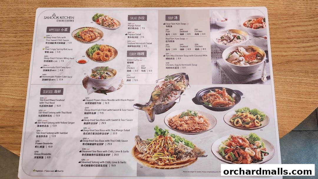 A menu from Sanook Kitchen Thai BBQ Seafood featuring appetizers, salads, soups, curries, and seafood dishes.