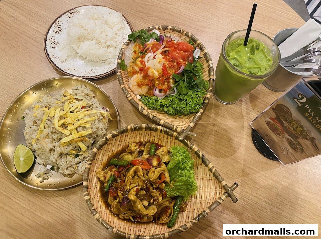 A table laden with delicious Thai dishes, including fried rice, seafood salad, and a stir-fry, alongside a refreshing green drink.