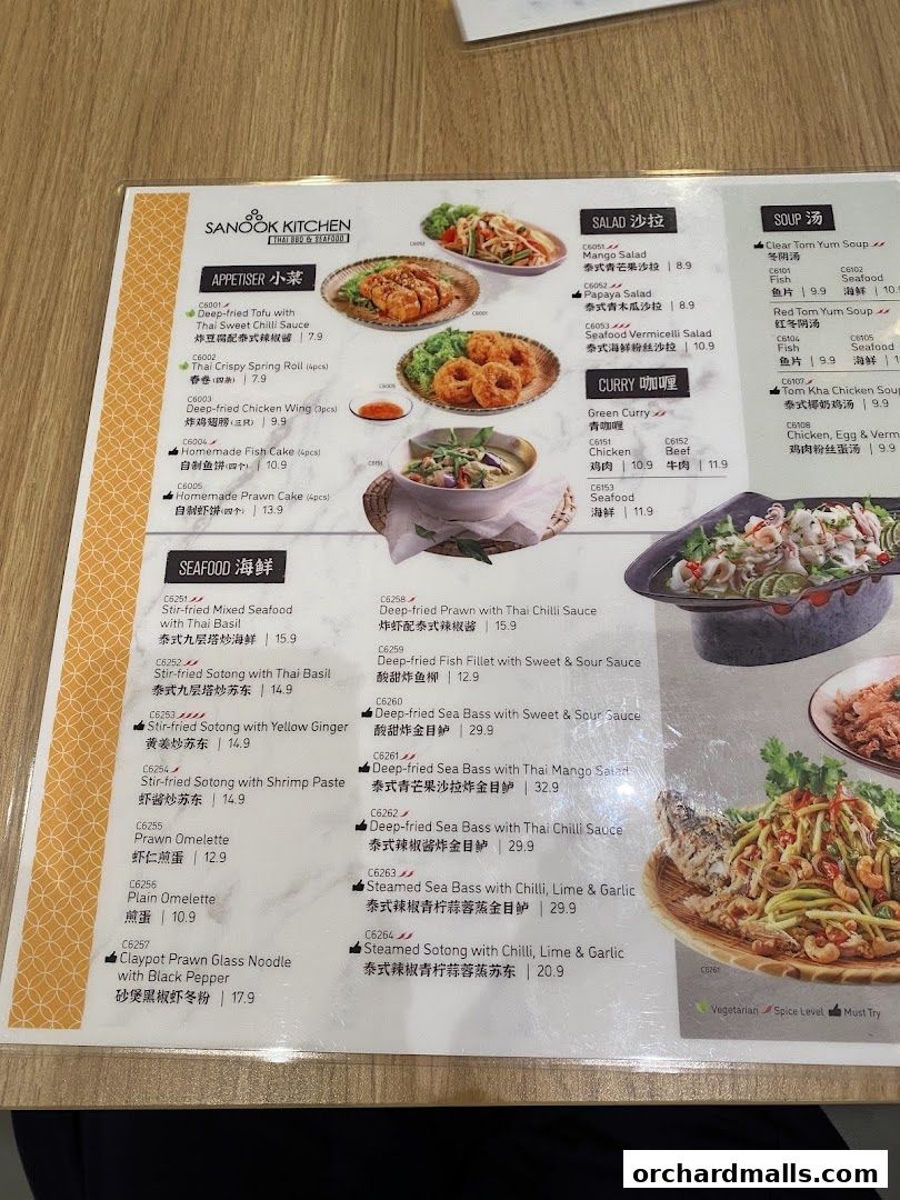 A menu from Sanook Kitchen Thai BBQ & Seafood featuring appetizers, salads, curries, soups, and seafood dishes.