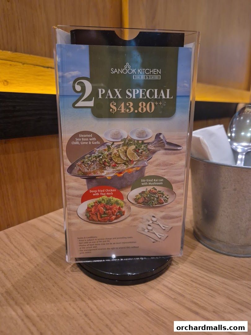 A menu for Sanook Kitchen featuring a 2 Pax Special for $43.80.