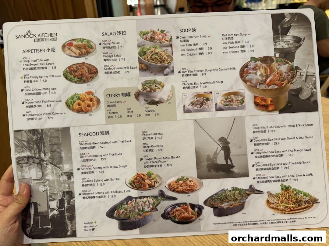 A menu from Sanook Kitchen Thai BBQ & Seafood featuring appetizers, salads, soups, curries, and seafood dishes.