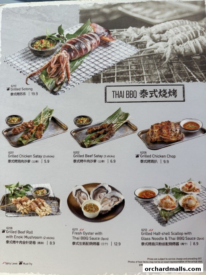 A menu page showcasing various Thai BBQ dishes including grilled squid, satay, chicken chop, oysters, and scallops.