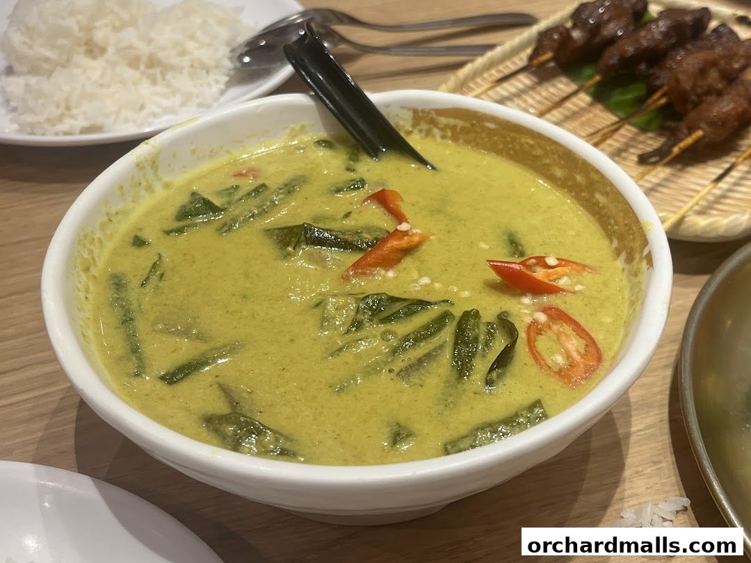A bowl of green curry with chili and vegetables, served with rice and skewers.