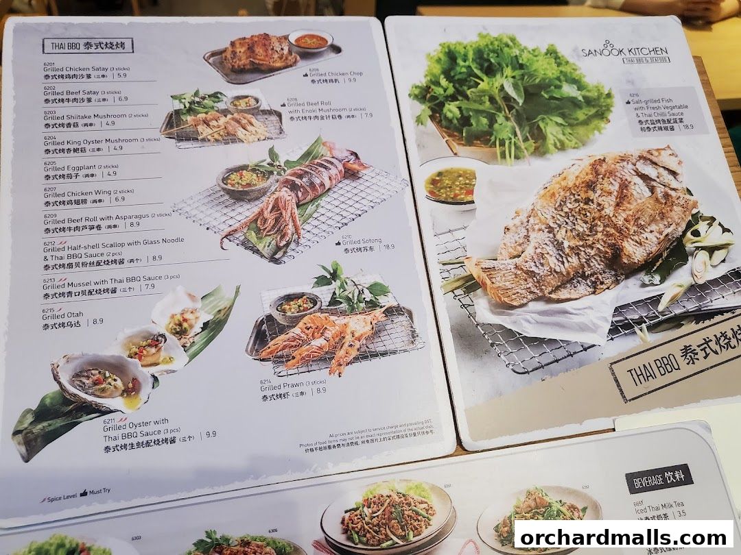 A menu from Sanook Kitchen Thai BBQ & Seafood featuring grilled dishes and beverages.