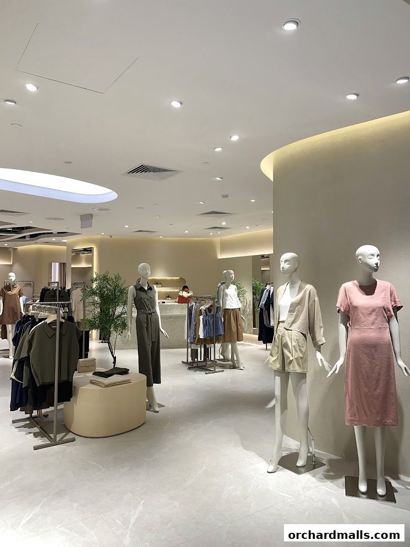 Interior view of a modern clothing store with mannequins displaying outfits and racks of apparel.
