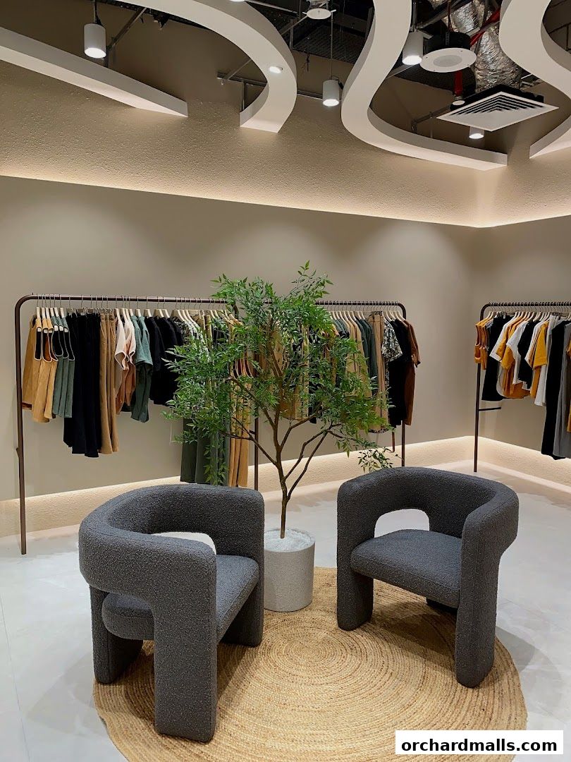 Interior view of a clothing store with racks of apparel and seating area.