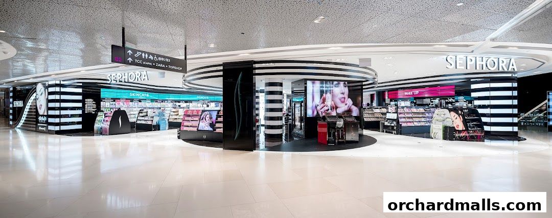 A wide shot of the modern Sephora beauty store interior, showcasing makeup and skincare products.