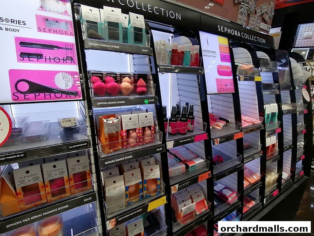 A display of various Sephora beauty products, including makeup sponges and tools.