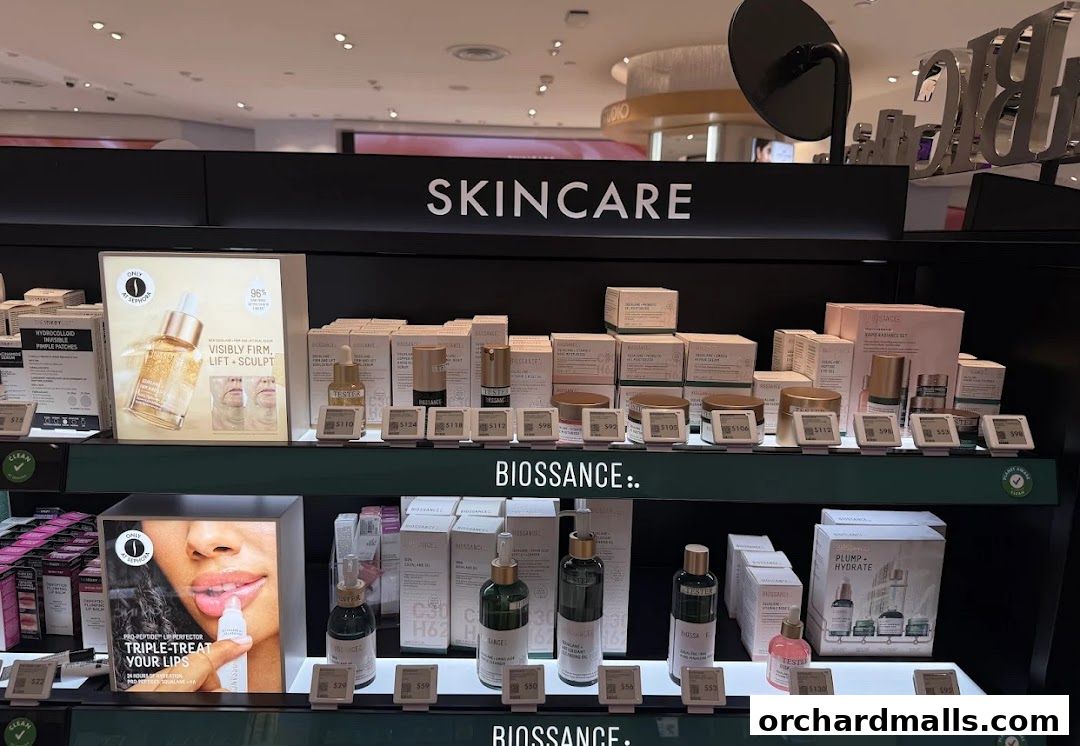 A display of Biossance skincare products, including serums and moisturizers, at Sephora.