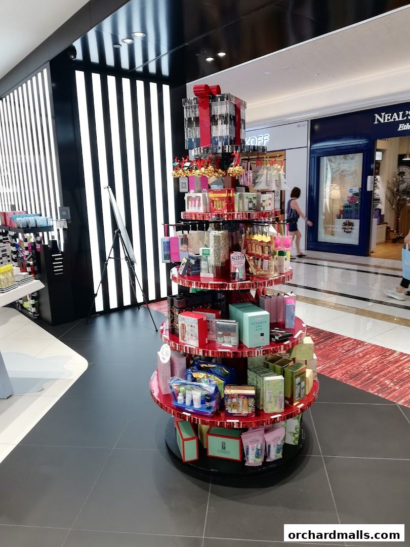 A display stand filled with beauty products and gift sets, decorated for the holidays.
