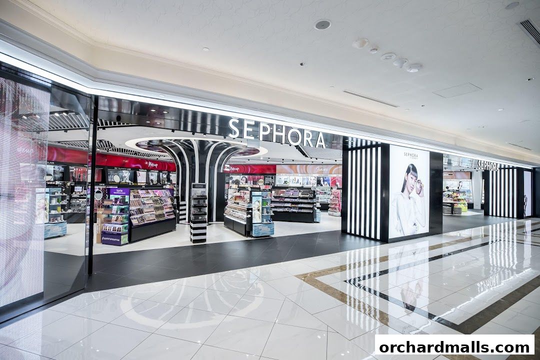 The modern Sephora store entrance with illuminated displays and makeup products.