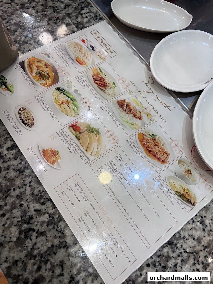 A menu from Sergeant Hainanese Chicken Rice featuring various chicken rice dishes and side orders.