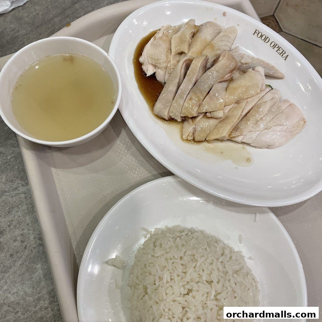 A plate of Hainanese chicken rice with soup and a side of rice.