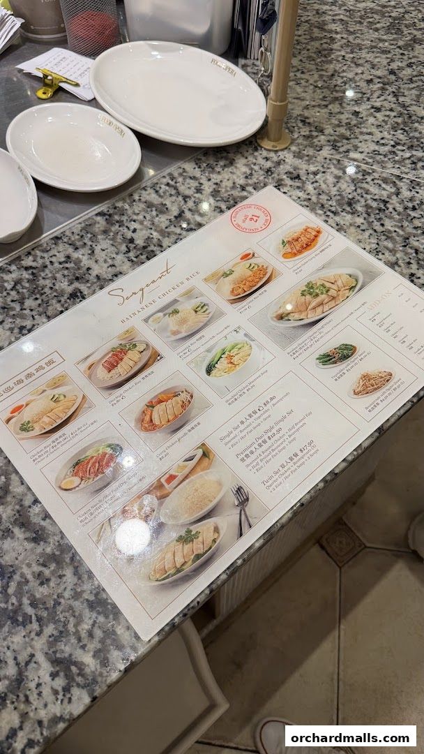 A menu from Sergeant Hainanese Chicken Rice featuring various chicken rice dishes and sets.
