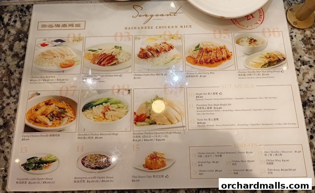 A menu from Sergeant Hainanese Chicken Rice featuring various chicken dishes and set meals.