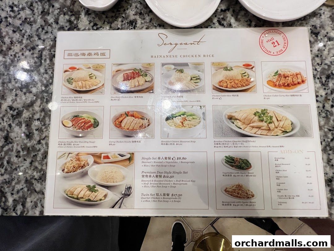 A menu from Sergeant Hainanese Chicken Rice featuring various chicken rice dishes and side orders.