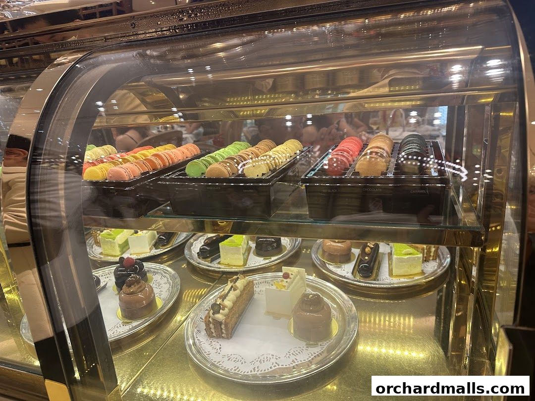 A display case filled with colorful macarons and assorted pastries.