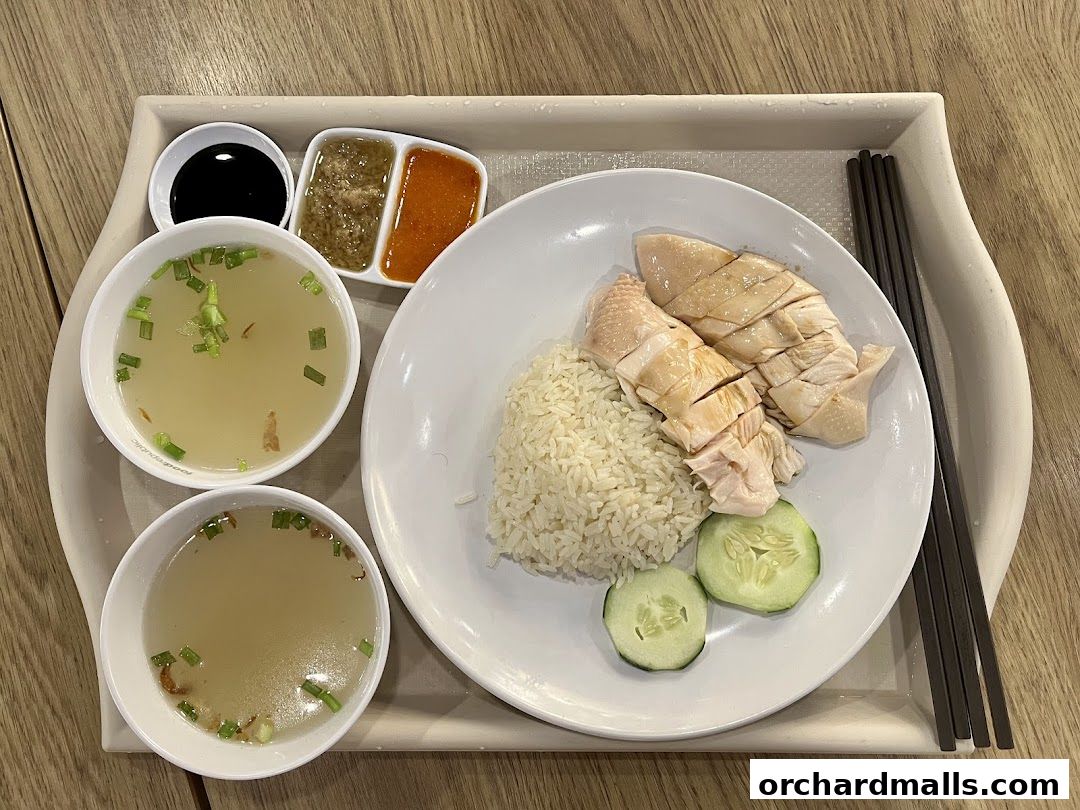 A plate of Hainanese chicken rice with soup and condiments on a tray.