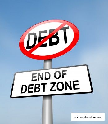 A sign indicating 'No Debt' and 'End of Debt Zone' against a blue sky.