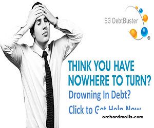 Man stressed about debt with SG DebtBuster logo and helpline message.