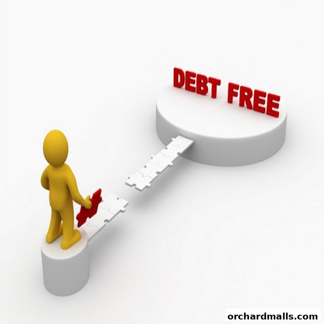 A 3D figure bridges a gap to reach a platform labeled 'DEBT FREE'.