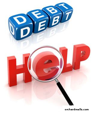 3D graphic with blue cubes spelling 'DEBT' and red letters spelling 'HELP' under a magnifying glass.