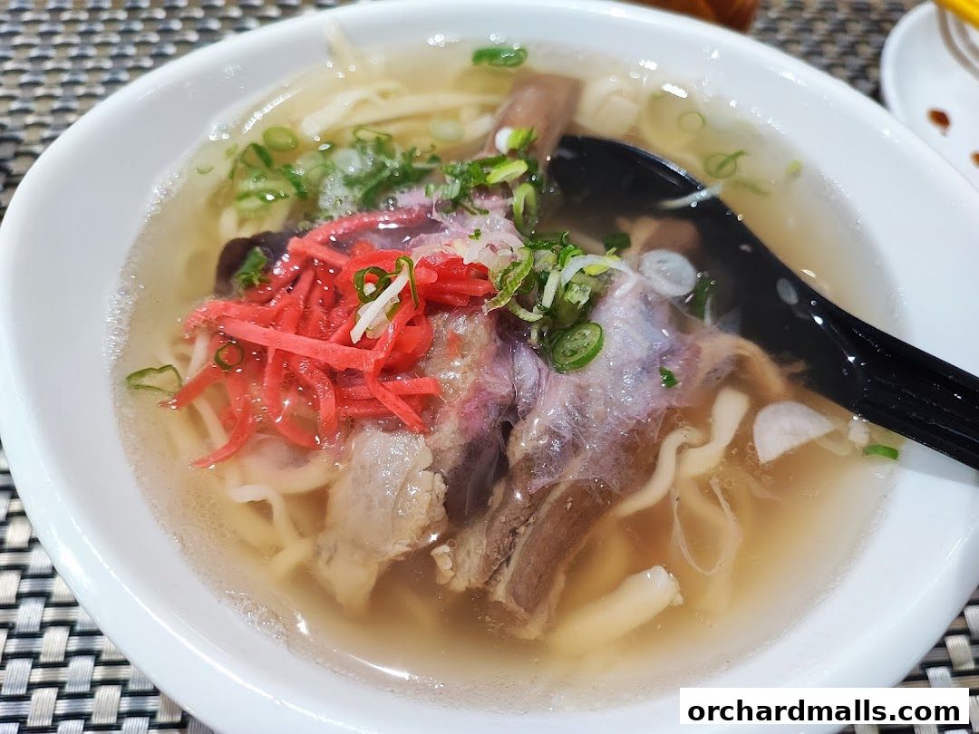 A close-up of a bowl of Okinawan soba with tender meat and pickled ginger.