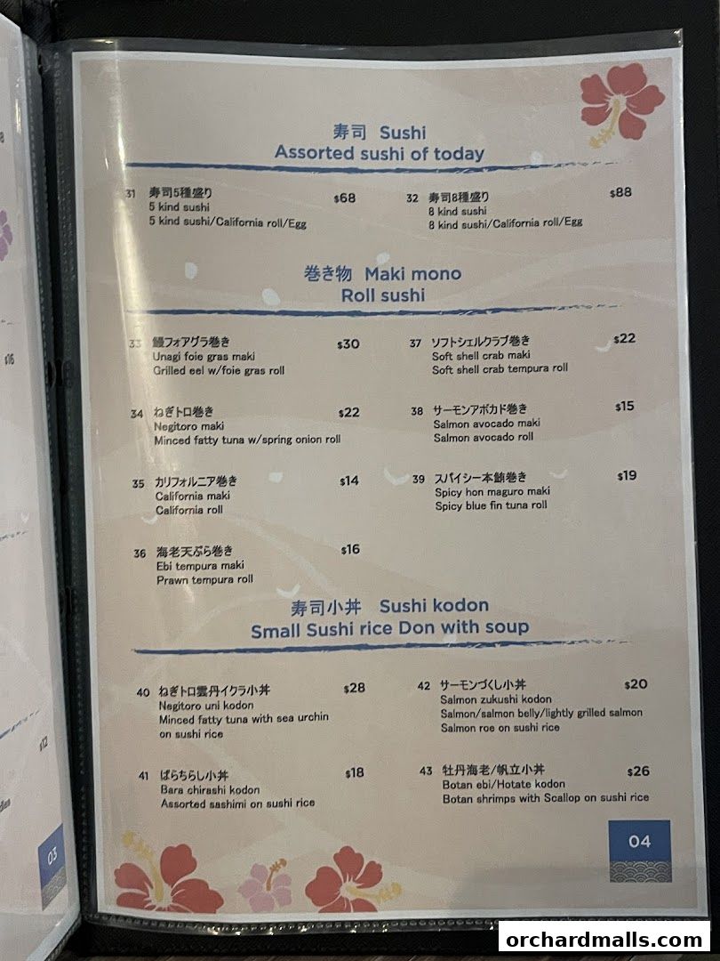 A menu page featuring various sushi, maki rolls, and donburi dishes with prices.