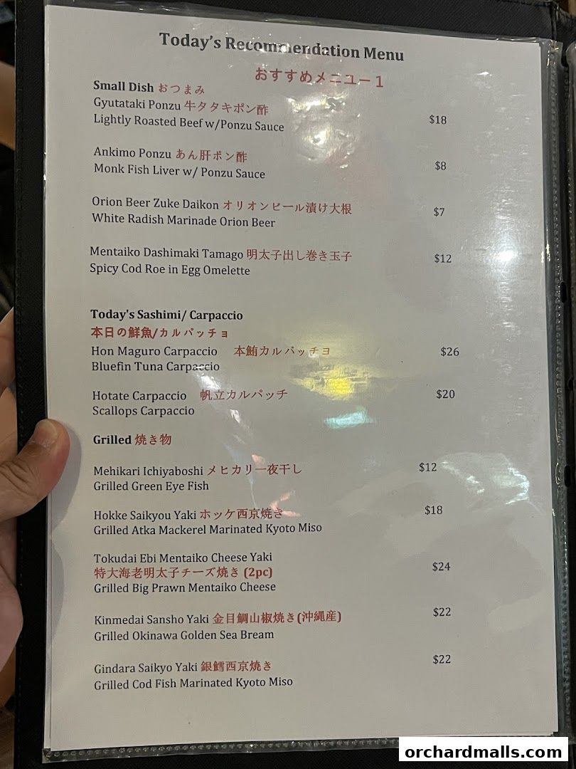 A menu featuring today's recommendations for Okinawa cuisine, including small dishes, sashimi, and grilled items.