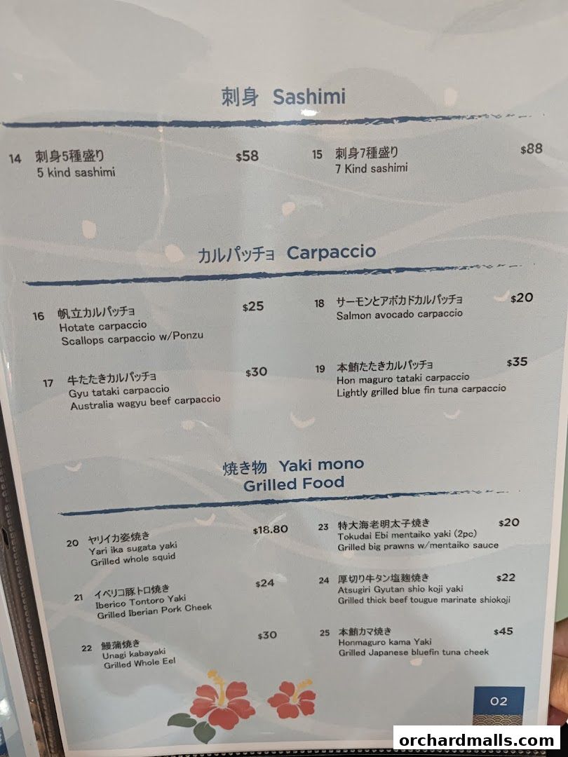 A menu from ShinnSato Okinawa Cuisine featuring sashimi, carpaccio, and grilled dishes.