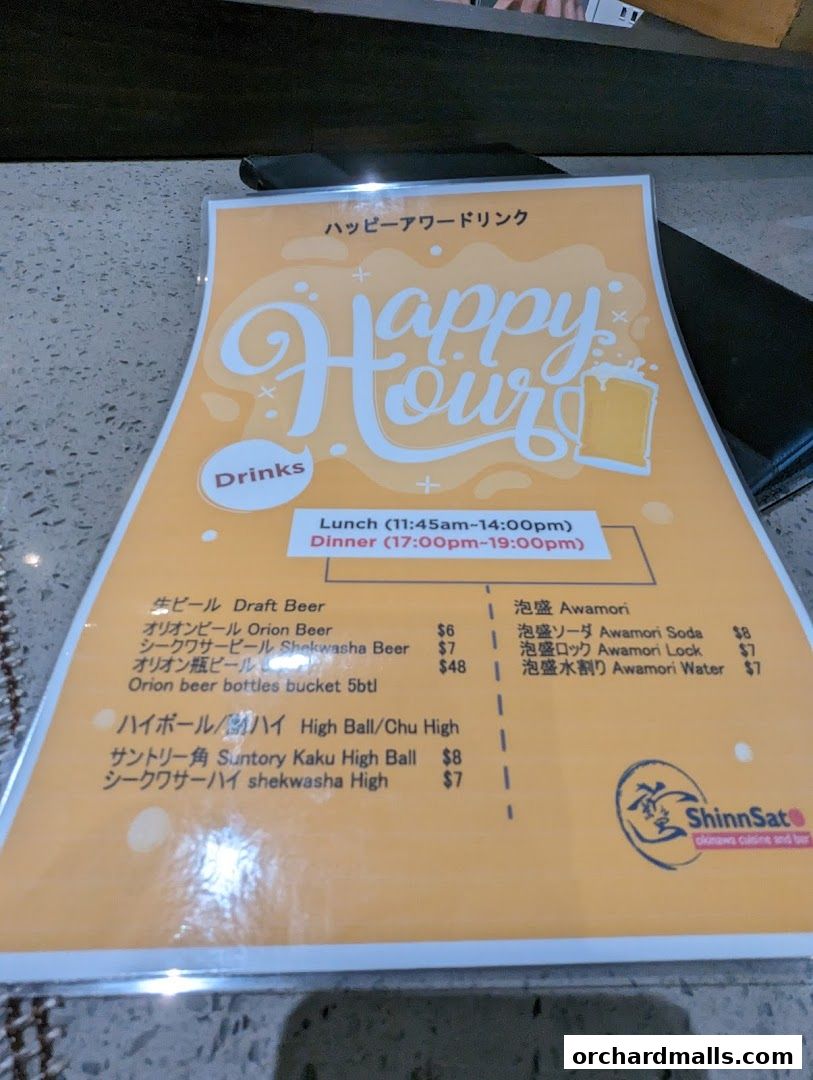 A happy hour menu for ShinnSato Okinawa Cuisine featuring drinks and prices.