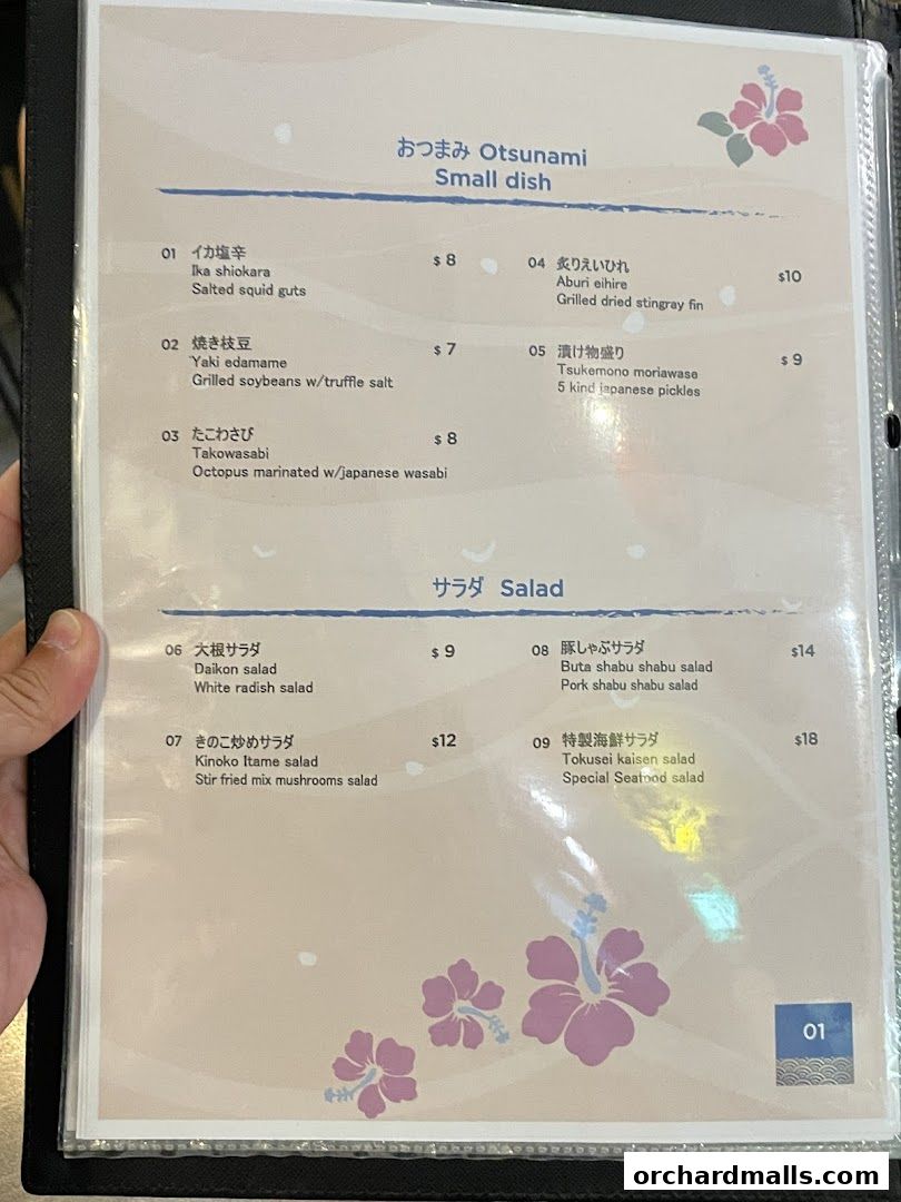 A menu for ShinnSato Okinawa Cuisine featuring small dishes and salads.