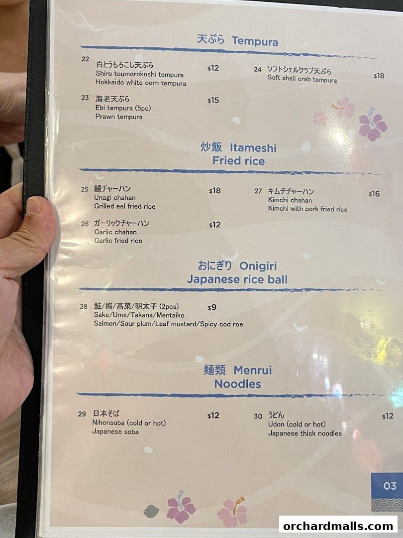 A menu from ShinnSato Okinawa Cuisine featuring tempura, fried rice, onigiri, and noodles.