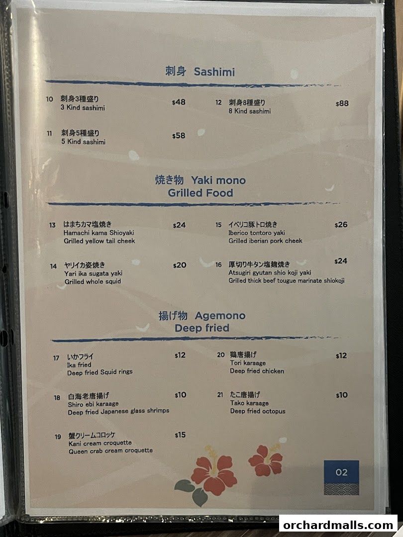 A menu for ShinnSato Okinawa Cuisine featuring Sashimi, Grilled Food, and Deep Fried dishes.