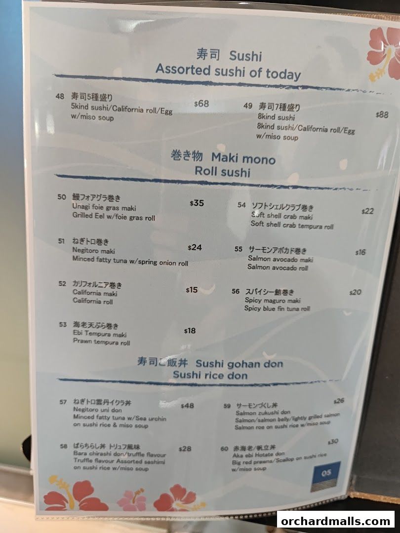 A menu from ShinnSato Okinawa Cuisine featuring sushi, maki rolls, and rice bowls.