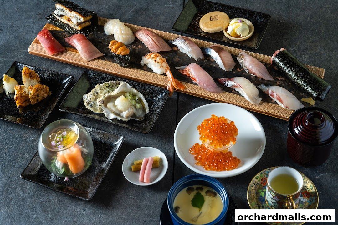 A beautifully arranged assortment of sushi, sashimi, and other Japanese delicacies.