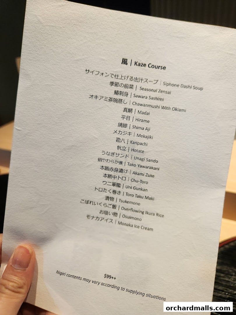 A menu for the Kaze Course at Sushi Kyuu By Shunsui, detailing various Japanese dishes.