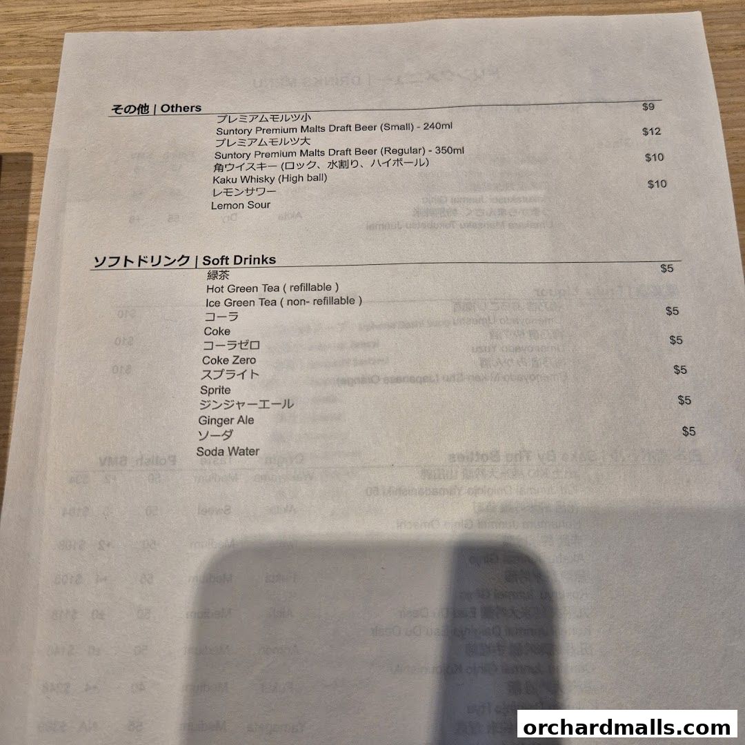 A menu featuring alcoholic and soft drinks with prices.