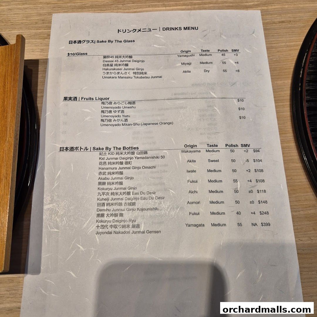 A menu featuring sake by the glass and bottle, and fruit liquors.
