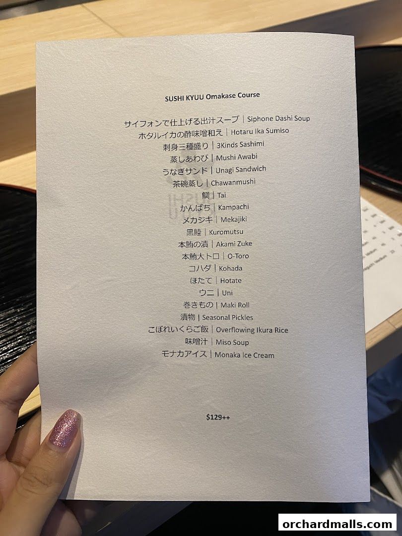 A menu for the SUSHI KYUU Omakase Course, listing various Japanese dishes and a price.