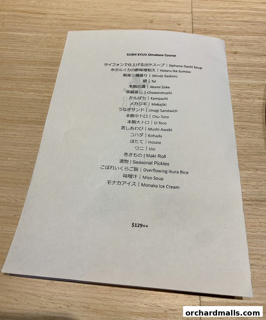 A menu for Sushi Kyuu's Omakase Course, listing various sushi and Japanese dishes.