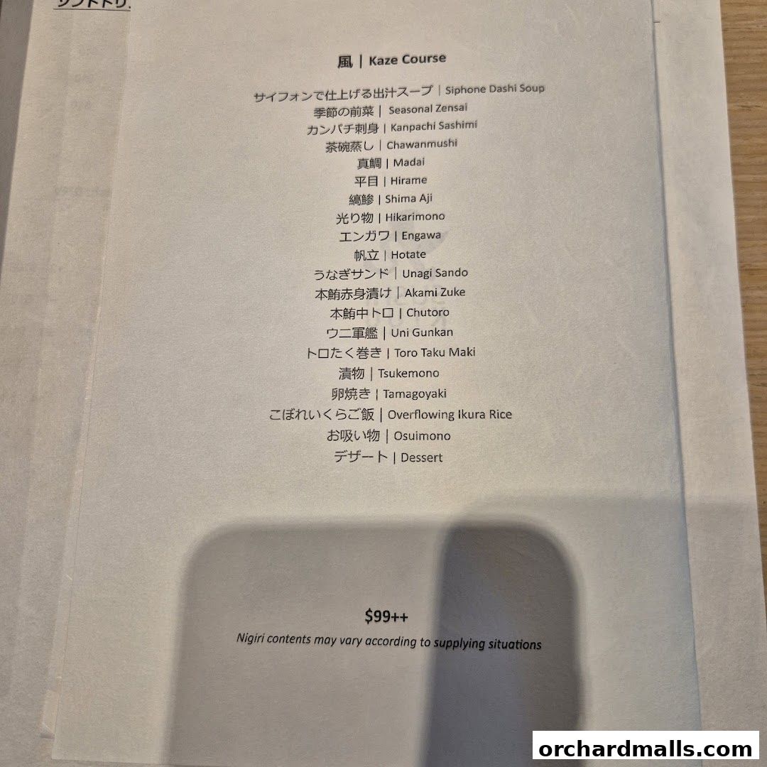 A menu for the Kaze Course at Sushi Kyuu By Shunsui, priced at $99++.