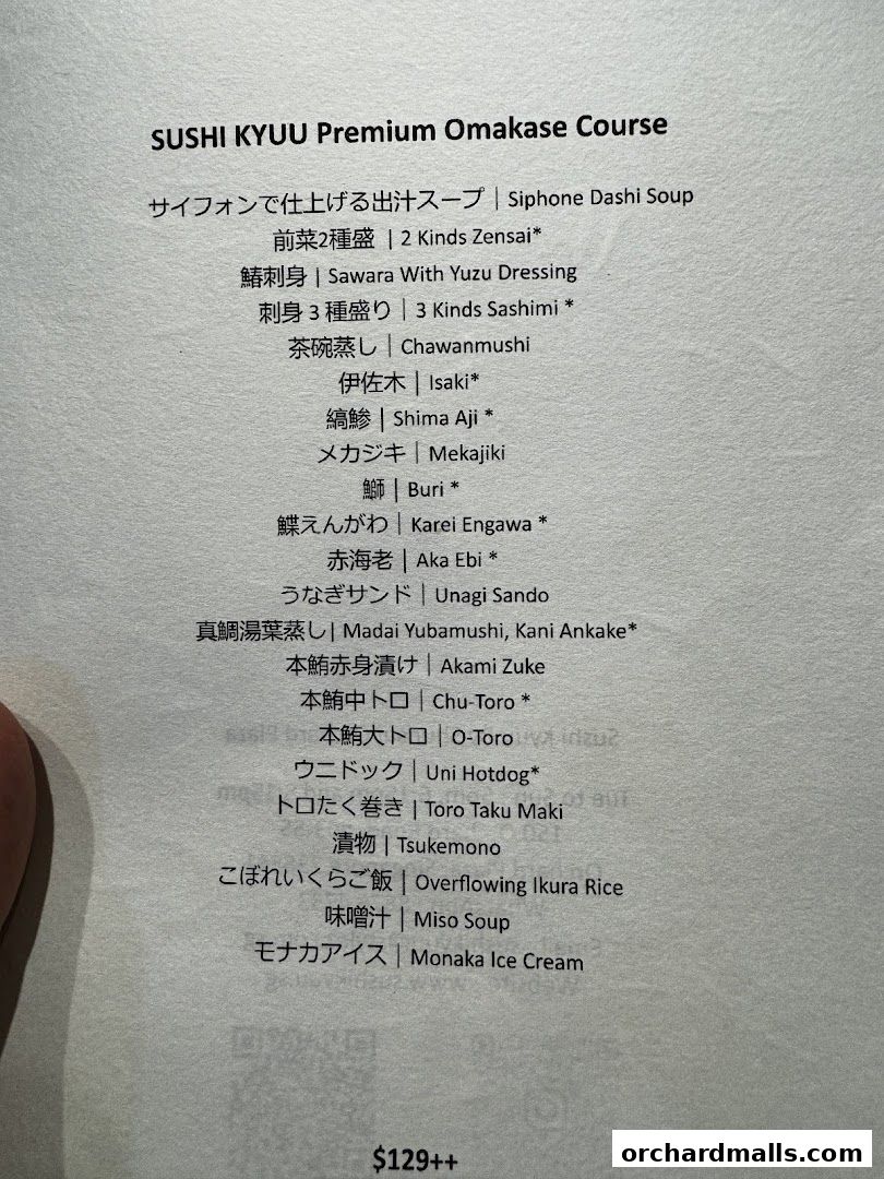 A menu for Sushi Kyuu's Premium Omakase Course with various sushi and Japanese dishes.