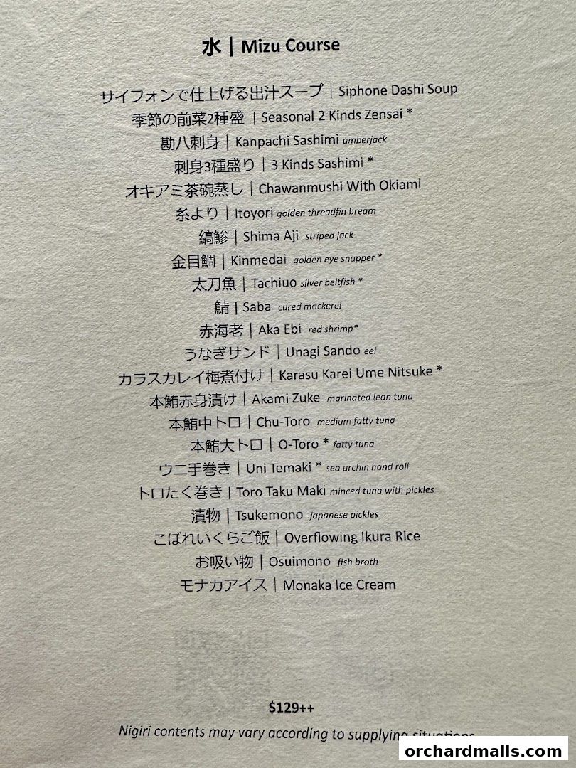 A menu for the 'Mizu Course' at Sushi Kyuu By Shunsui, detailing various sushi and Japanese dishes.