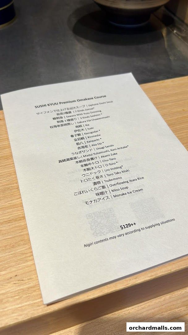 A menu for Sushi Kyuu Premium Omakase Course with various sushi and Japanese dishes.