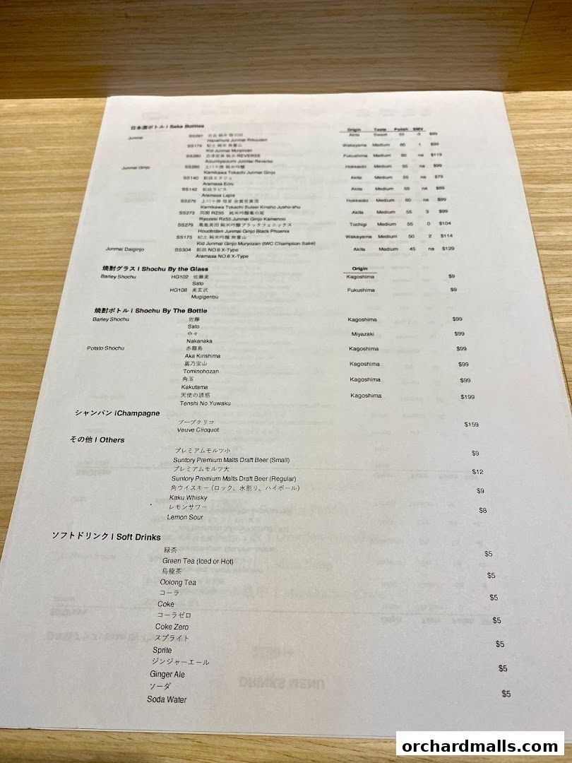 A menu from Sushi Kyuu By Shunsui featuring sake, shochu, champagne, beer, whisky, and soft drinks.