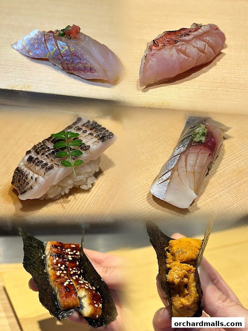 A collage of exquisite sushi pieces, including eel and sea urchin, presented on a wooden surface.