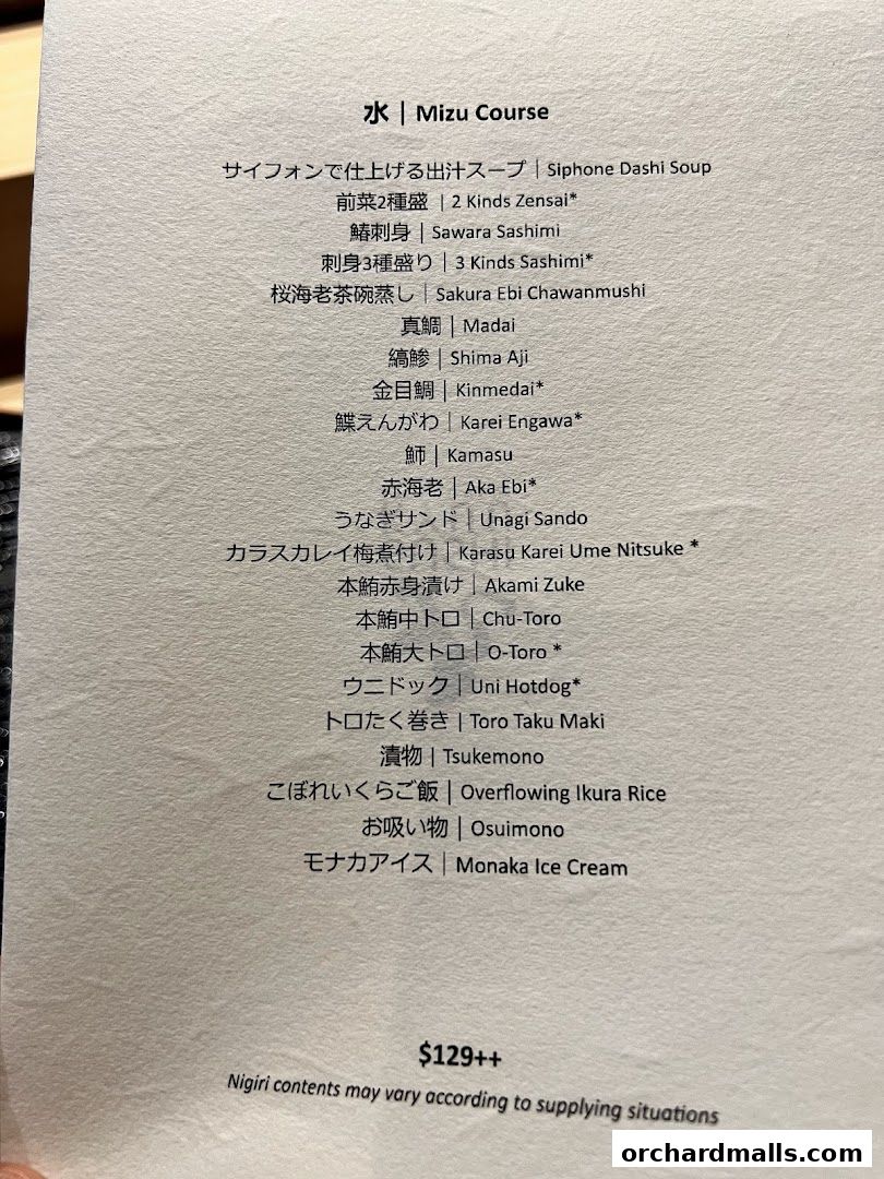 A menu for the Mizu Course at Sushi Kyuu By Shunsui, featuring various sushi and Japanese dishes.