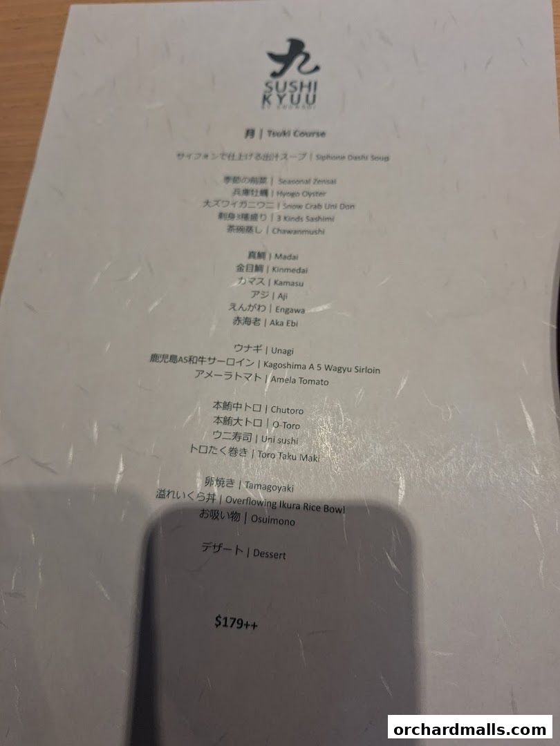 A menu for Sushi Kyuu's Tsuki Course, featuring various sushi and Japanese dishes.