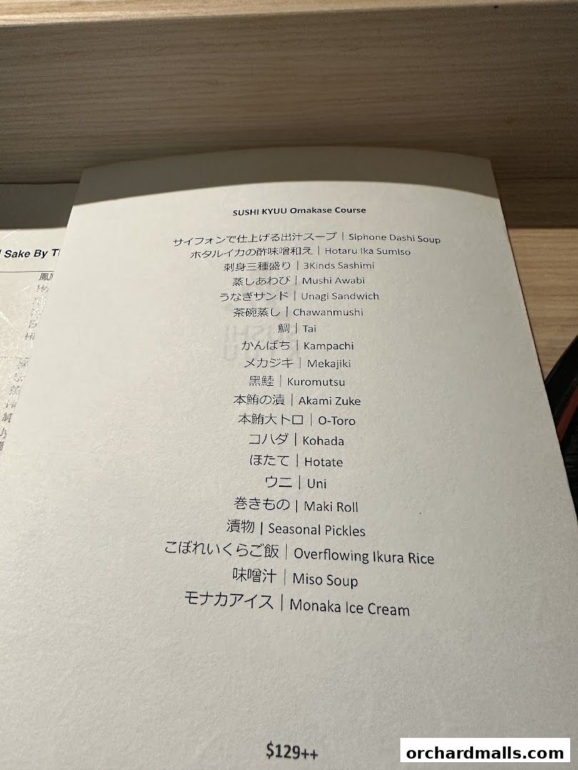 A menu for Sushi Kyuu's Omakase Course, featuring various sushi and Japanese dishes.